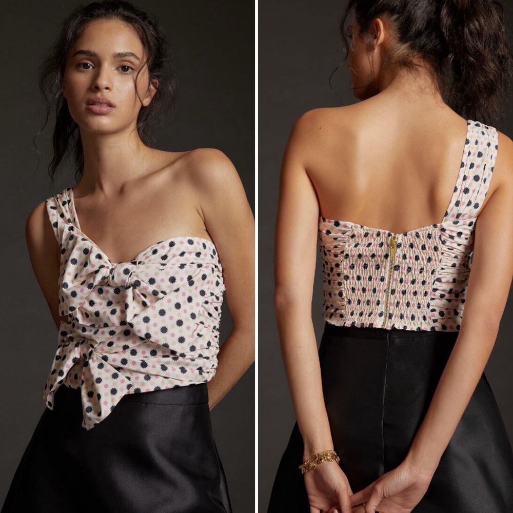 Anthropologieโ MAEVE Bow-Tie One Shoulder Top Cream Pink Black Size 8 Petite